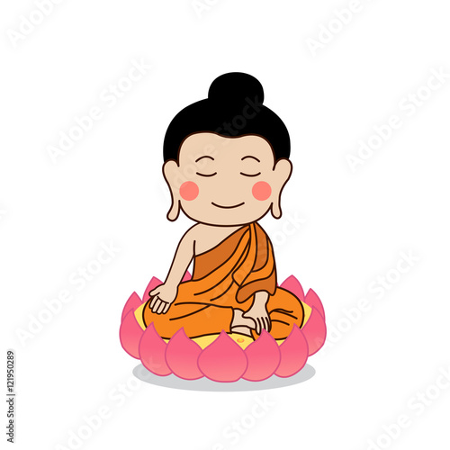 Buddha sitting on lotus and placing his hand on right knee vector illustration. Isolated on white background.