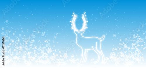 snow and deer on blue sky christmas background