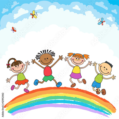 Kids jumping with joy on a hill under rainbow, colorful cartoon