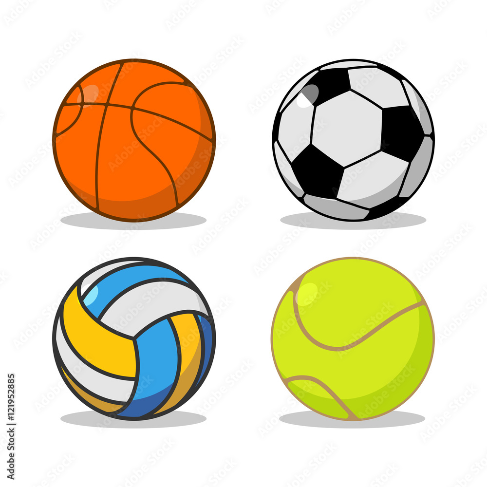 Sports ball set. Basketball and football. Tennis and volleyball.