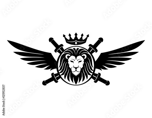 Shield with lion head, swords, wings and crown.