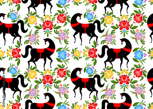 Gorodets painting Black horse and floral seamless pattern. Russi