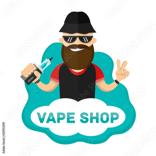 flat illustration of man with vape character. Vape shop logo. Isolated on white background