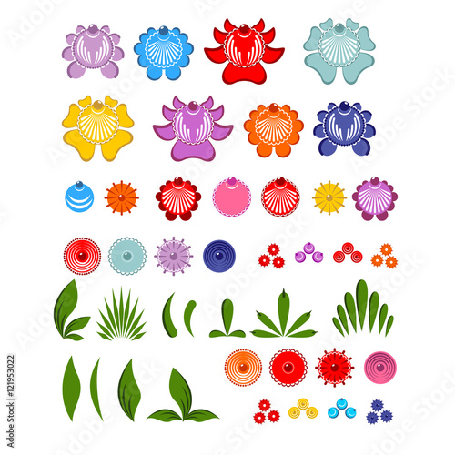 Gorodets painting set of elements Flowers and leaves. Russian na