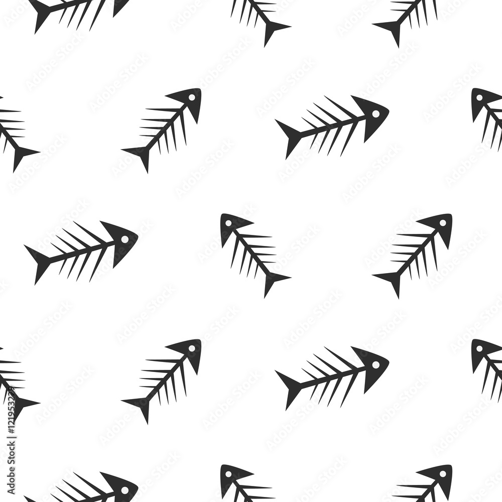 Fishbone monochrome seamless vector pattern. Black and white chaotic fish bone textile pattern design. Fishbone monochrome seamless vector pattern. Black and white chaotic fish bone textile pattern design.