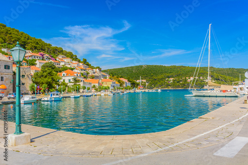 Adriatic bay Pucisca Brac. / View at picturesque bay in town Pucisca, mediterranean place on Island Brac, Croatia.