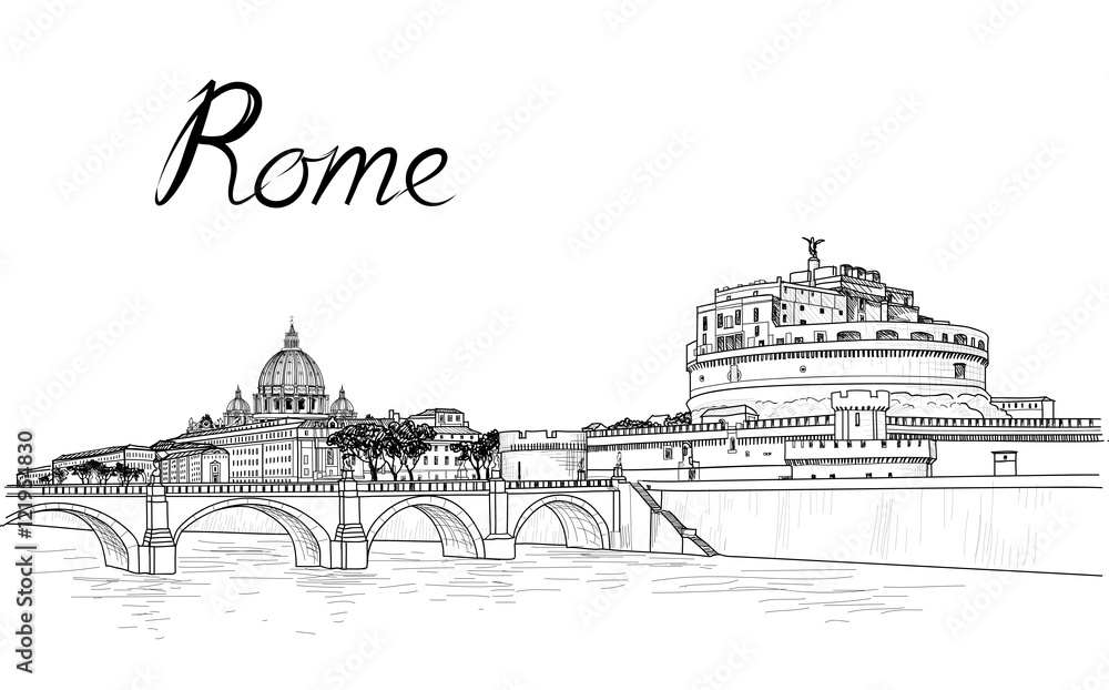 Fototapeta premium Rome cityscape with St. Peter's Basilica and Castle Sant Angelo.
