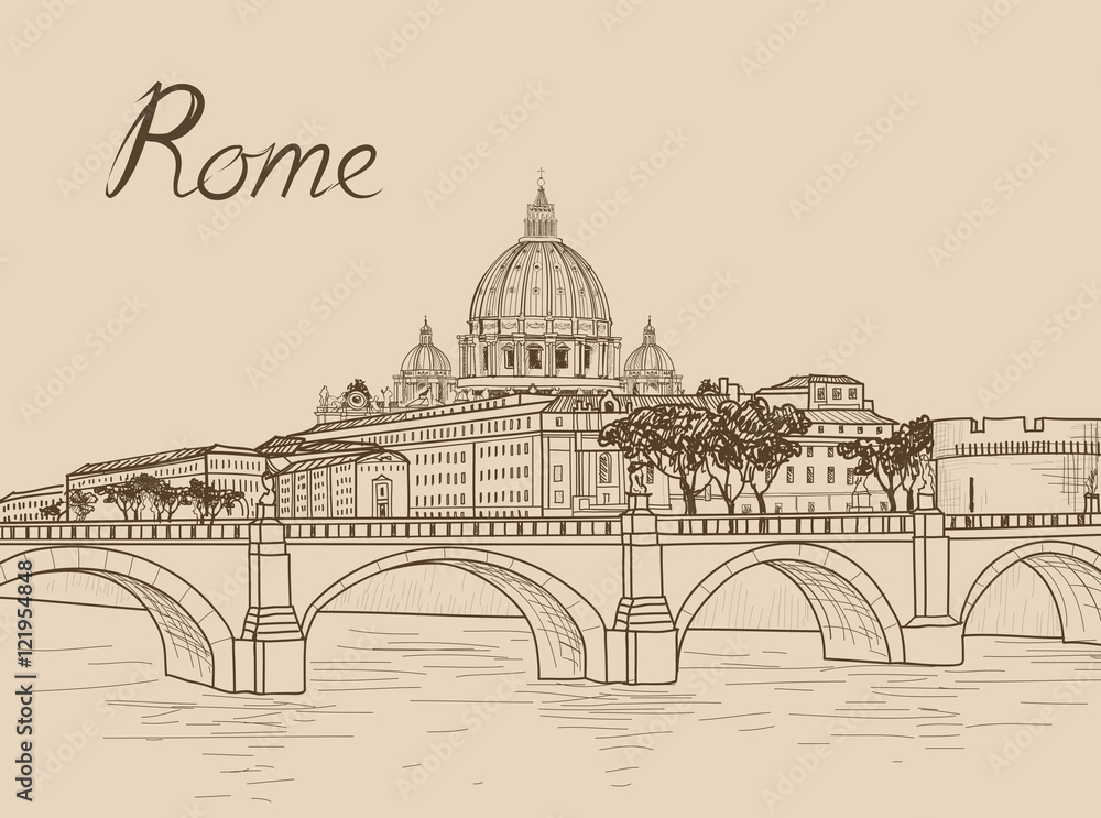 Rome cityscape with St. Peter's Basilica. Italian city famous la