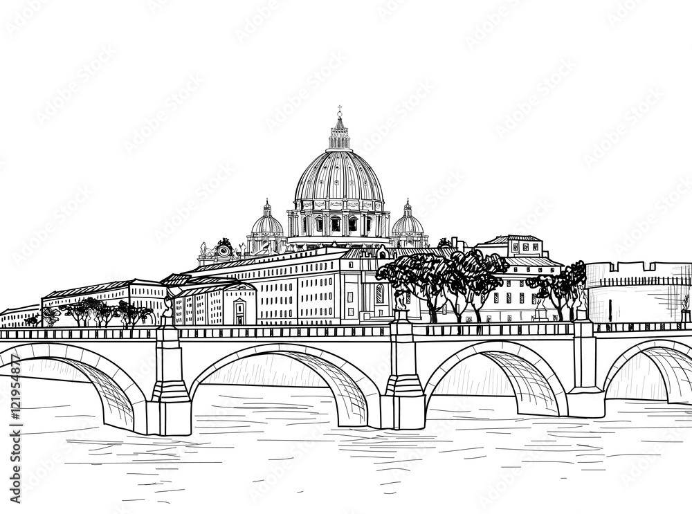Rome cityscape with St. Peter's Basilica. Italian city famous landmark