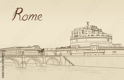 Rome cityscape with Castel Sant'Angelo. Italian city famous place. Travel Italy landndmark