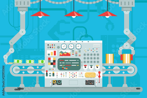 Control panel conveyor robot manipulators production development flat design concept illustration