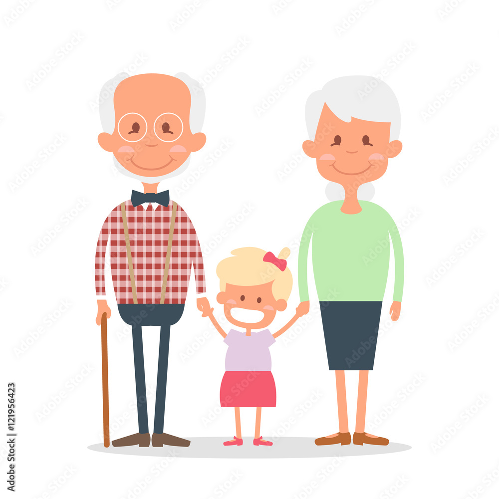 Senior people happy leisure time with granddaughter. Happy Grandparents with little granddaughter. Vector illustration Senior people happy leisure time with granddaughter. Happy Grandparents with little granddaughter. Vector illustration