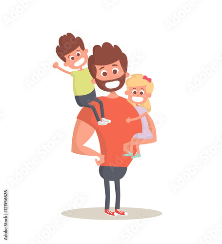 Superhero dad concept. Strong Dad holding his two children. Flat style vector icon. Vector Illustration