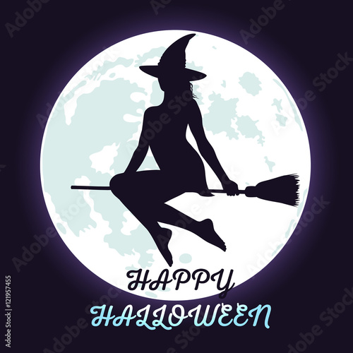 Halloween witch flying on broomstick and fool moon.