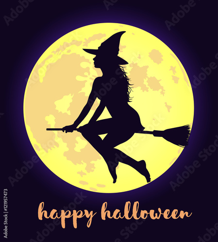 Fool moon and flying witch Halloween background.