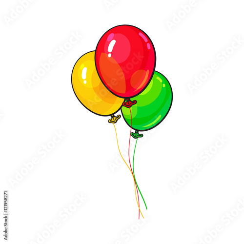 Bunch of three bright and colorful balloons, cartoon vector illustration isolated on white background. Trio of red, yellow and green balloons, birthday, party carnival decoration elements
