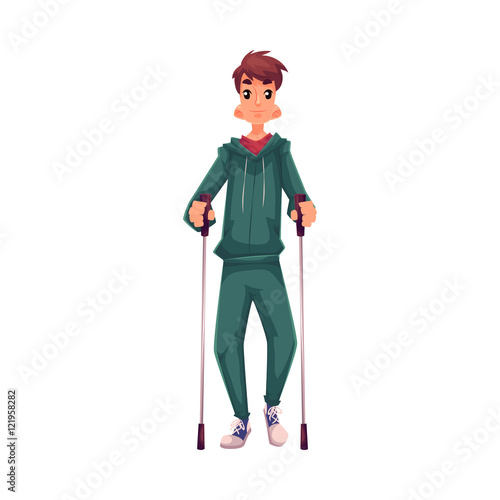 Male nordic walker, cartoon style vector illustration isolated on white background. Young man going in for nordic walking, full height portrait, side view. Male Nordic walker in sports suit