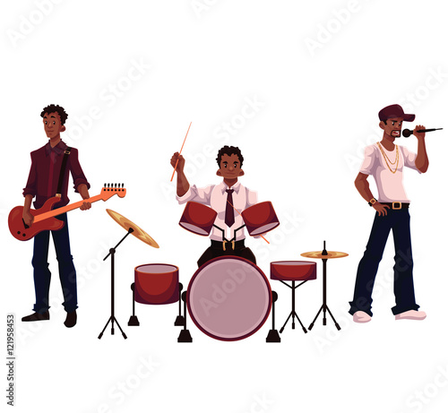 Set of handsome African male singer, drummer and guitar player, cartoon vector illustration isolated on white background. Set of full height portraits of African American male musicians