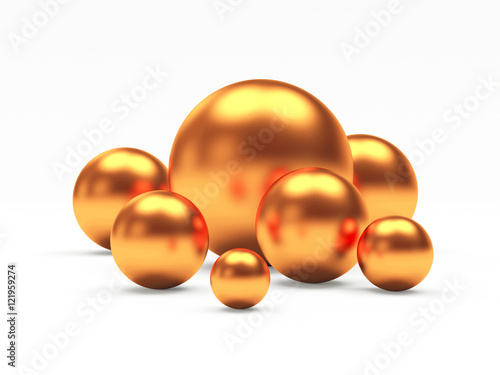 Group of bronze or copper shining spheres of different diameters. 3D illustration 