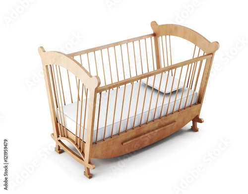 Wooden cot bed isolated on white background. 3d rendering