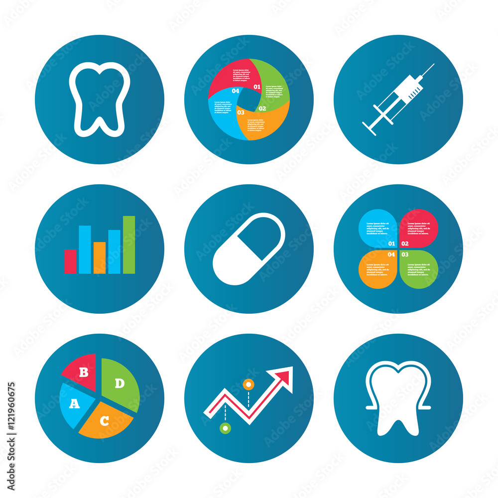 Tooth enamel icons. Medical syringe and pill.