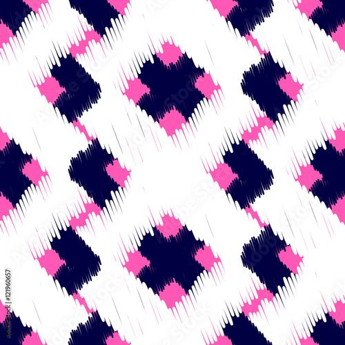 Ikat scribble swabs vector seamless pattern. Abstract geometric background for fabric, print or wrapping paper. Indigo blue, white and pink design.