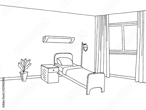 Hospital ward clinic room interior graphic art black white sketch illustration vector