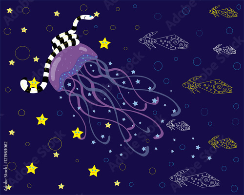 Sea beings, jellyfish, sea serpent, fishes