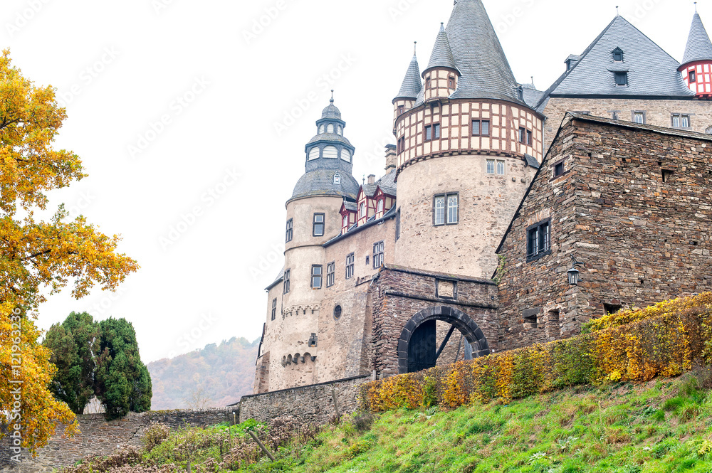 Fototapeta premium Autumn Burresheim Castle with topiary green trees in ornamental