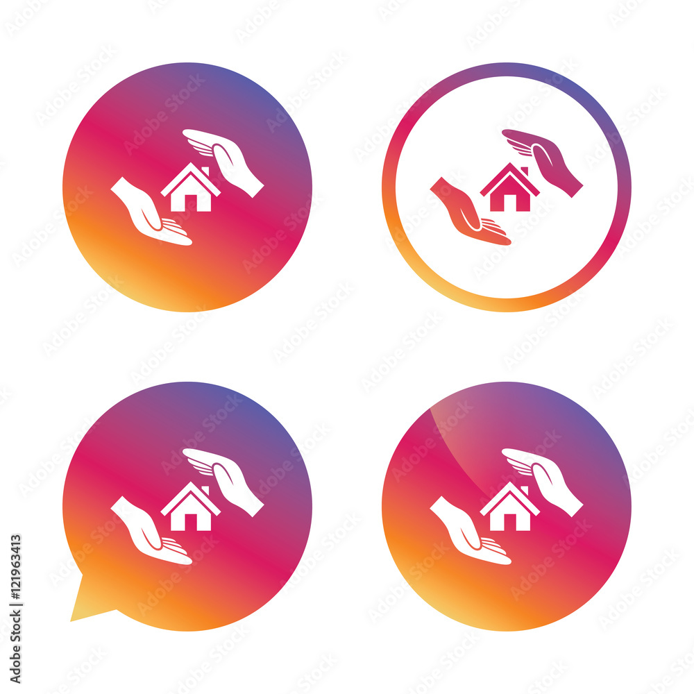 House insurance sign icon. Hands protect cover. House insurance sign icon. Hands protect cover.