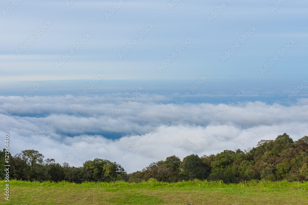 Beautiful viewpoint of mist during the rainy season at Doi Inthanon National Park, Chom Thong, Chiang Mai, Thailand