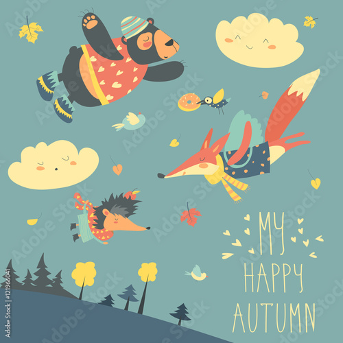 Cute animals and autumn leaves flying in the sky