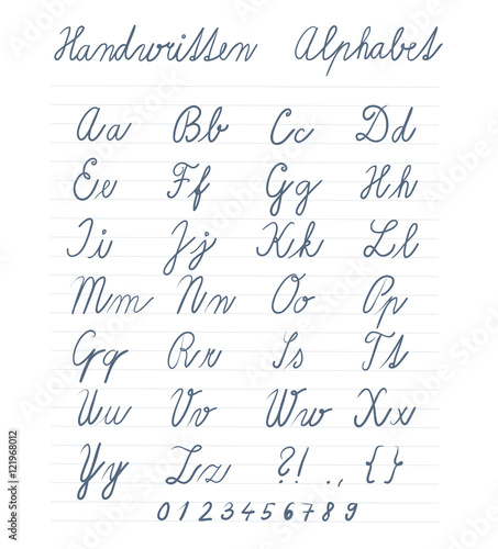 Handwritten alphabet with symbols and numbers. Vector illustration.