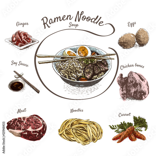 Ramen noodle soup with ingredients illustration