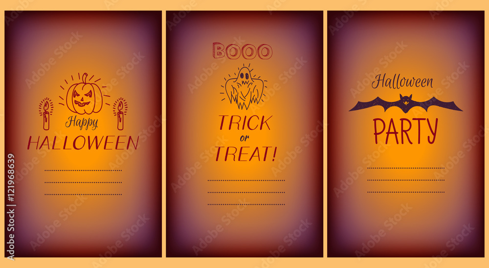 Halloween greeting vector cards set with doodles
