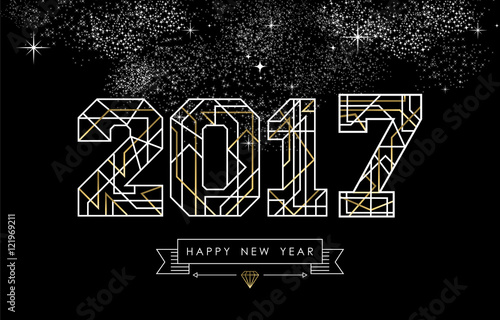 Happy new year 2017 gold line art greeting card