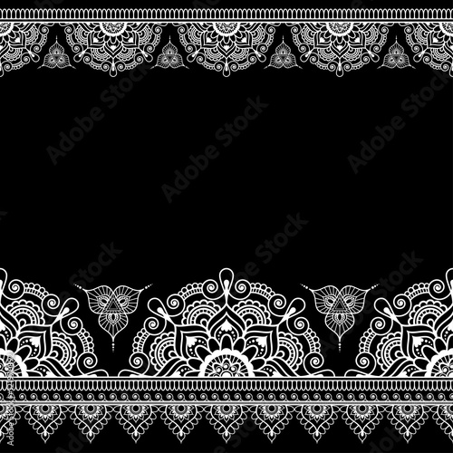 Border pattern elements with lace lines in Indian mehndi style for floral cards or tattoo isolated on black background.