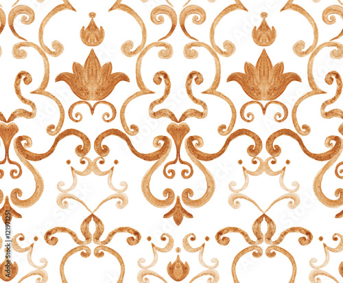 Watercolor damask seamless pattern. Elegant gold luxury texture for wallpapers, backgrounds and page fill.