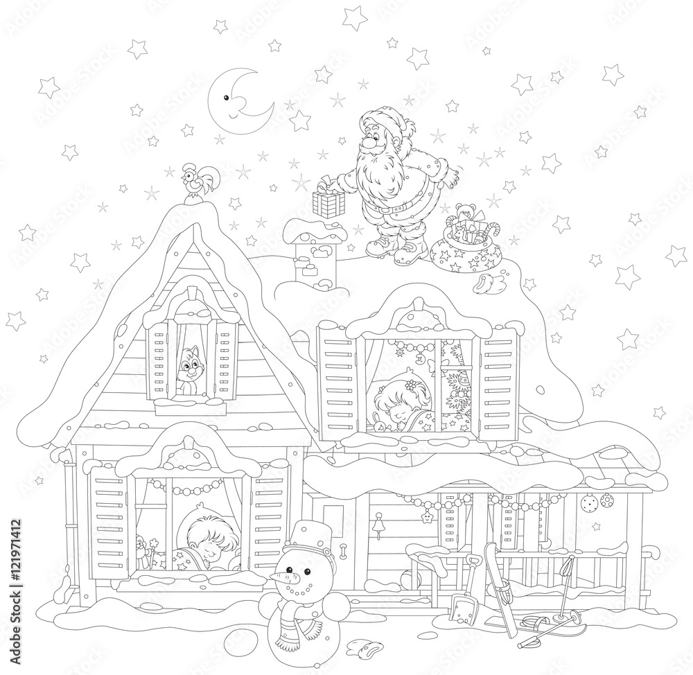 The night before Christmas, Santa Claus on the snow covered housetop with his holiday gifts for little children