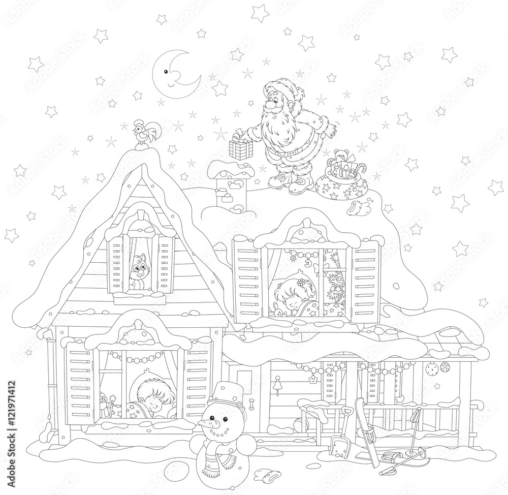 Naklejka premium The night before Christmas, Santa Claus on the snow covered housetop with his holiday gifts for little children
