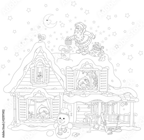The night before Christmas, Santa Claus on the snow covered housetop with his holiday gifts for little children