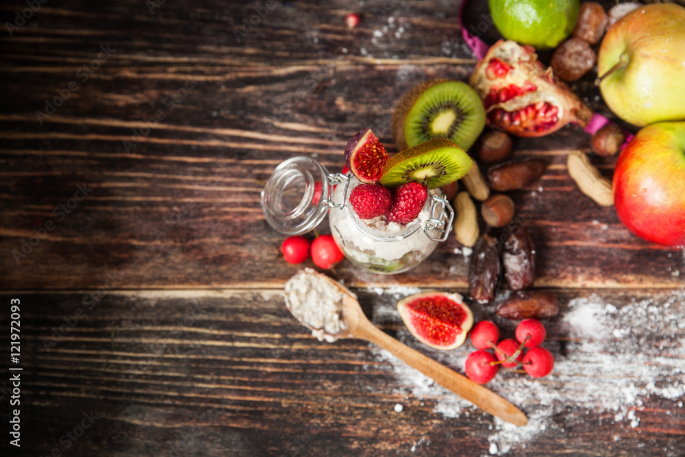 Well being and weight loss concept, berry smoothie and cereal Well being and weight loss concept, berry smoothie and cereal