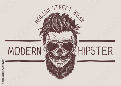 Hipster skull with hairstyle, mustache and beard