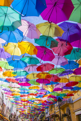 Street decorated with colored umbrellas.Agueda, Portugal