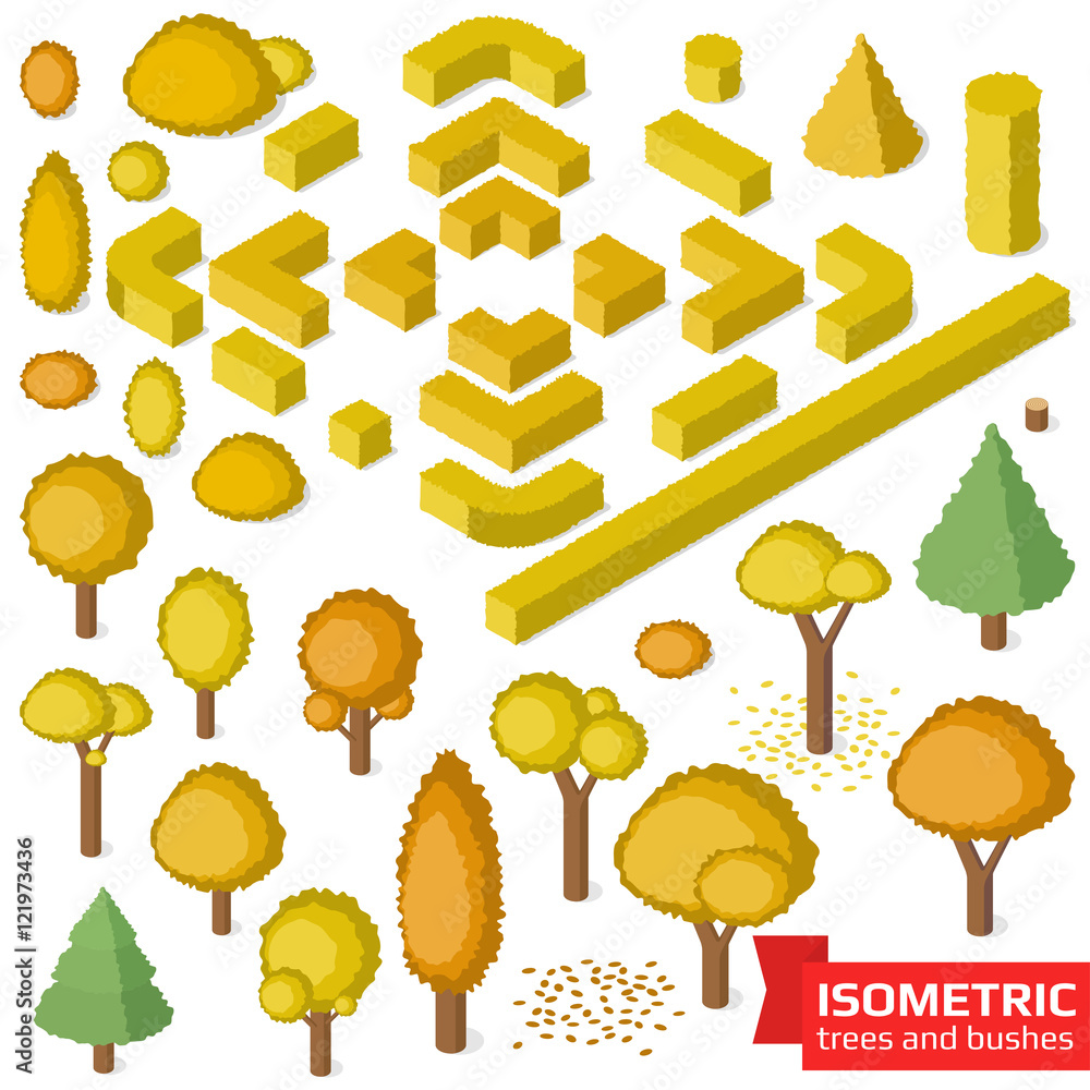 Isometric autumn trees, hedge and bushes Isometric autumn trees, hedge and bushes