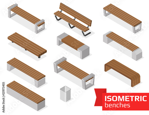 Wallpaper Mural Isometric benches isolated on white.