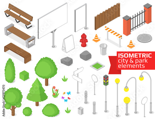 Isometric city and park elements set.