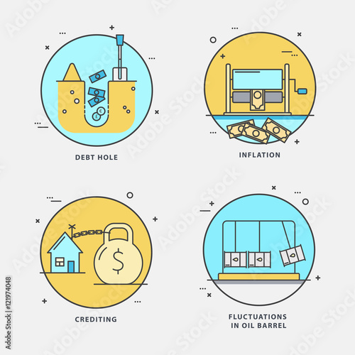 Linear set of economic icons with popular problems: debt hole, inflation, crediting, fluctuations on oil barrel.