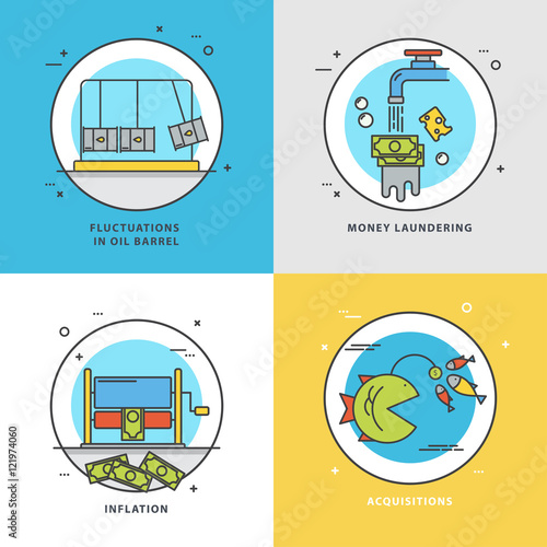 Vector set of economic icons with popular problems: fluctuations on oil barrel, money laundering, inflation, acquisitions.