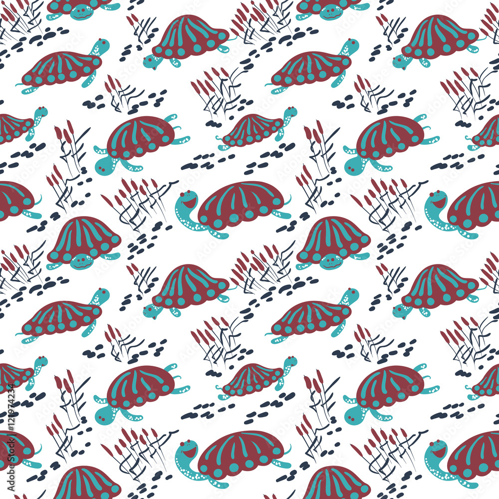 Cartoon vector turtles in the reeds seamless pattern